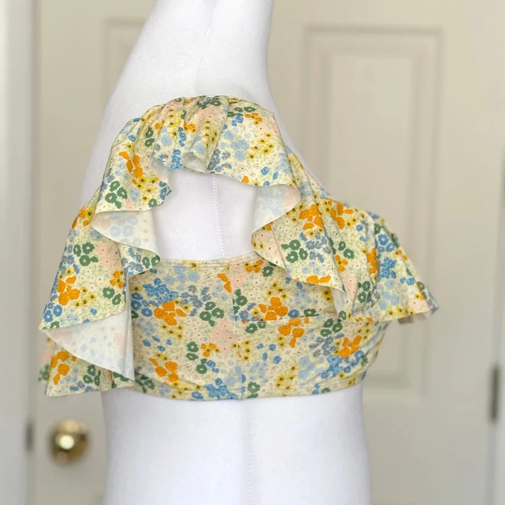& Other Stories Floral‎ Ruffle Bikini Top Yellow Blue Paris Atelier NWT US 12
